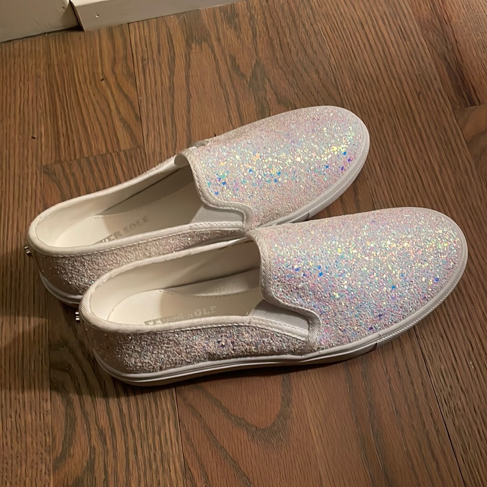 White sparkle slip ons